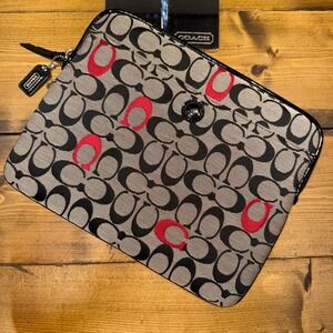 Coach Signature C Print Zip iPad Tablet Sleeve Case Black Red Canvas